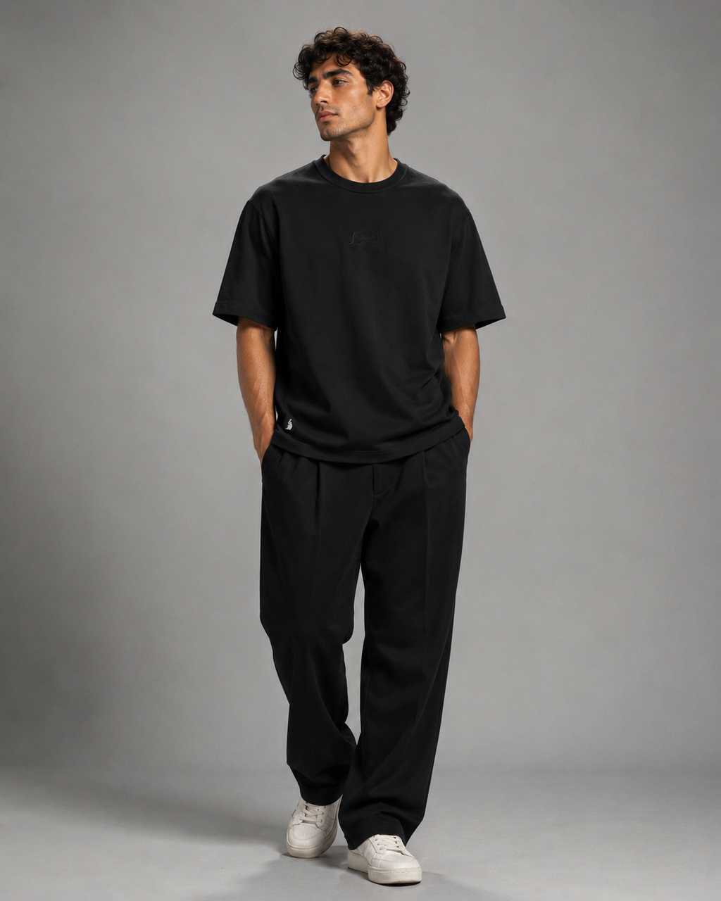 Embroidered Terry Crew Neck Charcoal Black