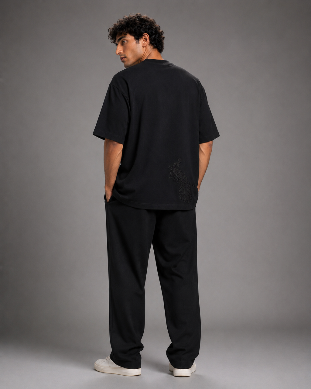Embroidered Terry Crew Neck Charcoal Black